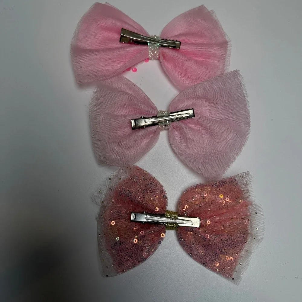 Kids Pink Sequin‎ Tulle Bow Hair Clips Set 3 Sparkly hair Accessories Girls